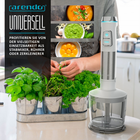 Arendo Arendo Stabmixer, 1200 W, Set, Edelstahl, Purierstab, stufenlos, inkl. 800 ml Messbecher silber/schwarz Ручной блендер Arendo, 1200 Вт, набор, нержавеющая сталь, стержень для пюре, бесступенчатый, включая мерный стакан 800 мл