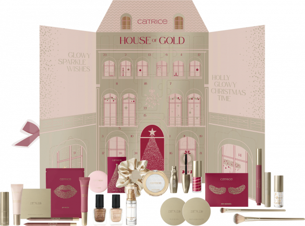 CATRICE House of Gold Adventskalender 2026, 20 Make-up-Produkte und 4 Accessoires, CATRICE Адвент-календарь 2026 с декоративной косметикой для лица, глаз, губ и ногтей и аксессуарами, 24 сюрприза