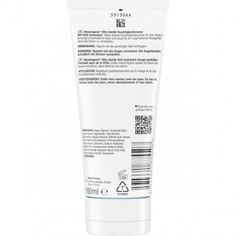 Neutrogena Ultra Gentle Feuchtigkeitscreme, 100 ml, Neutrogena Ultra Gentle Лёгкий увлажняющий крем для чувствительной кожи с ниацинамидом, пантенолом и CICA, 100 мл