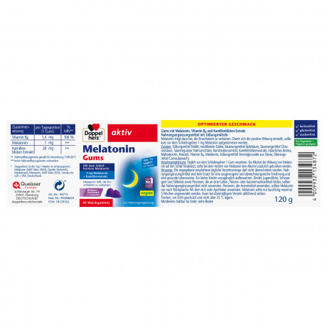 Doppelherz Melatonin Gums, 40 Gums, 112 g, Мелатонин 1 мг для сокращения времени засыпания, жевательные пастилки без сахара со вкусом малины, 40 шт., 112 г