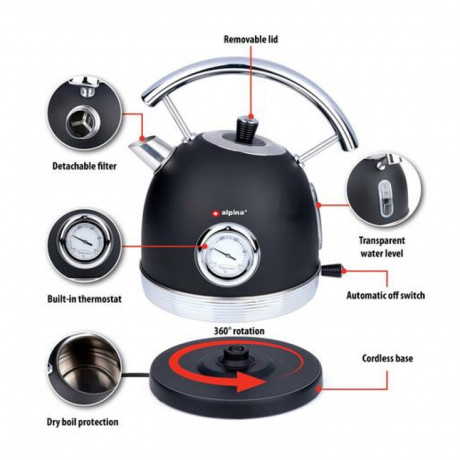 INDA-Exclusiv INDA-Exclusiv Wasserkessel Wasserkocher Edelstahl Thermostat Abschaltautomatik 1,8Liter 2200W INDA-Эксклюзивный чайник из нержавеющей стали с термостатом и автоматическим отключением, 1,8 литра, 2200 Вт.