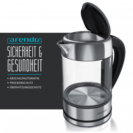 Arendo Arendo Wasserkocher, 1,7 l, 2200 W, Edelstahl mit Glaskorper, Temperaturwahl 40°C 100°C, Aufkochfunktion Чайник Arendo, 1,7 л, 2200 Вт, нержавеющая сталь, стеклянный корпус, выбор температуры 40°С 100°С, функция кипячения.
