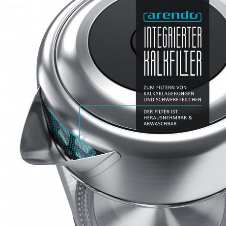 Arendo Arendo Wasserkocher, 1,7 l, 2200 W, Edelstahl mit Glaskorper, Temperaturwahl 40°C 100°C, Aufkochfunktion Чайник Arendo, 1,7 л, 2200 Вт, нержавеющая сталь, стеклянный корпус, выбор температуры 40°С 100°С, функция кипячения.