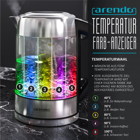 Arendo Arendo Wasserkocher, 1,7 l, 2200 W, Edelstahl mit Glaskorper, Temperaturwahl 40°C 100°C, Aufkochfunktion Чайник Arendo, 1,7 л, 2200 Вт, нержавеющая сталь, стеклянный корпус, выбор температуры 40°С 100°С, функция кипячения.