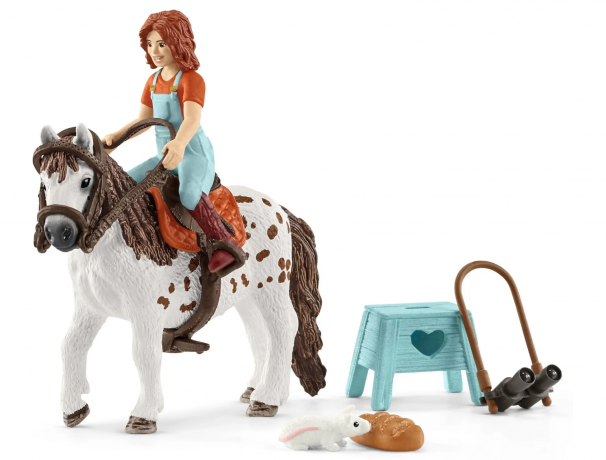 Schleich Horse Club 42518 Mia & Spotty, Фигурка Миа всадница и Спотти пони, с аксессуарами и уходом за лошадью, 5+