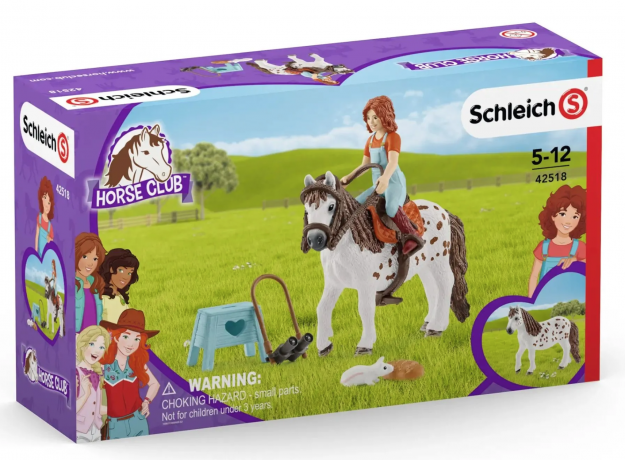 Schleich Horse Club 42518 Mia & Spotty, Фигурка Миа всадница и Спотти пони, с аксессуарами и уходом за лошадью, 5+