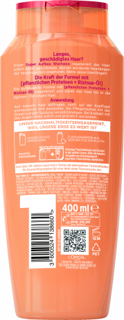 L'Oreal Paris Elvital Super Aufbau Dream Length Shampoo, 400 ml, Восстанавливающий шампунь с растительными протеинами и касторовым маслом для длинных повреждённых волос, 400 мл