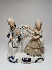 German porcelain, Немецкая винтажная фарфоровая статуэтка рококо &quot;Музыканты с арфой&quot; 12см, 1960-70гг.