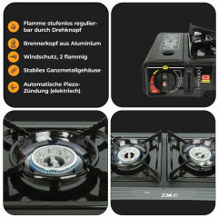 ZMC ZMC Gaskocher Doppel Kartuschenkocher Gaskocher 2 Flammig + 8x Gaskartuschen 227g, (mit automatische Piezo-Zundung Warmeleistung: 2,3KW), Outdoor Gas Campingkocher 2Fach Gasherd Ofen Butan Kochfeld Gas Kocher  Газовая плита ZMC с двумя картриджами, га