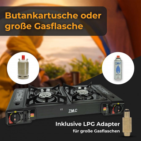 ZMC ZMC Gaskocher Doppel Kartuschenkocher Gaskocher 2 Flammig + 8x Gaskartuschen 227g, (mit automatische Piezo-Zundung Warmeleistung: 2,3KW), Outdoor Gas Campingkocher 2Fach Gasherd Ofen Butan Kochfeld Gas Kocher  Газовая плита ZMC с двумя картриджами, га