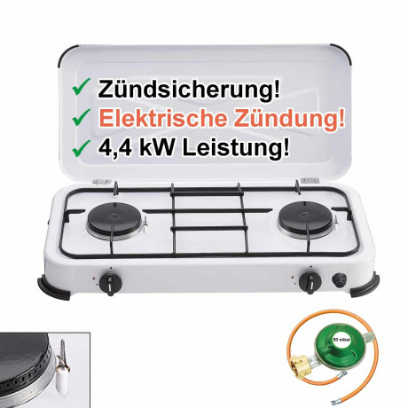 BlueCraft BlueCraft Gaskocher, (Gas-Kochfeld 2 flammen Propangas mit Schlauch und Druckminderer), Campingkocher 2-flammig, mit Zundsicherung und elektrischer Zundung Газовая плита BlueCraft, (газовая плита, 2 пламени, пропан, со шлангом и редуктором), по