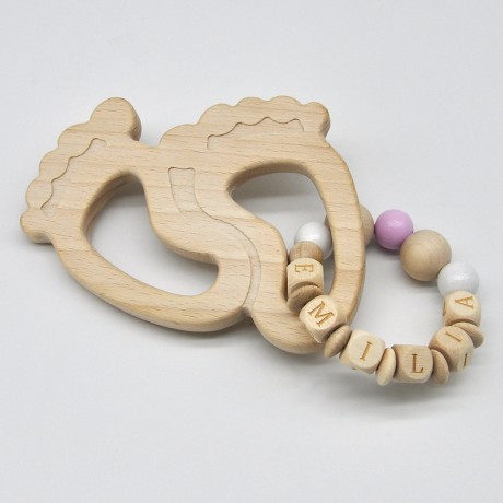 glucksWunder Holz Greifling Beissring Babyfusschen Buche personalisiert mit Name in Geschenkverpackung Деревянное кольцо для прорезывания зубов детские ножки бук персонализированное с именем в подарочной коробке