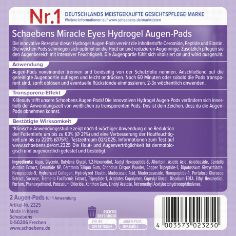 Schaebens Miracle Eyes Hydrogel Augen-Pads 2 St., Гидрогелевые патчи Miracle Eyes для области глаз с эффектом прозрачности, 2 шт.