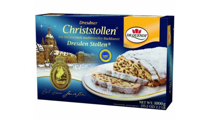 Dr. Quendt Dresdner Christstollen Штоллен 1 кг Немецкий рождественский кекс с изюмом и орехами, традиционная праздничная выпечка