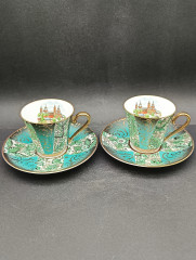 Кофейные пары винтажные Bayreuth &quot;Шпайерский собор&quot;, в бирюзово-золотых тонах, фарфор, 2 шт., Германия, 1960-70гг.