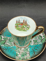 Кофейные пары винтажные Bayreuth &quot;Шпайерский собор&quot;, в бирюзово-золотых тонах, фарфор, 2 шт., Германия, 1960-70гг.