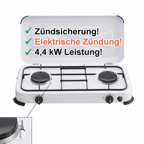 BlueCraft BlueCraft Gaskocher, (Gas-Kochfeld 2 flammen Propangas, Gasherd 50 mbar), Campingkocher 2-flammig, mit Zundsicherung und elektrischer Zundung  Газовая плита BlueCraft (газовая плита, 2 конфорки, пропан, газовая плита 50 мбар), походная плита, 2 