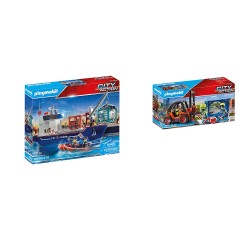 PLAYMOBIL 2er Set: 70769 Grosses Containerschiff mit Zollboot + 70772 Gabelstapler mit Fracht Набор из 2 предметов: 70769 Большой контейнеровоз с таможенной лодкой + 70772 Вилочный погрузчик с грузом