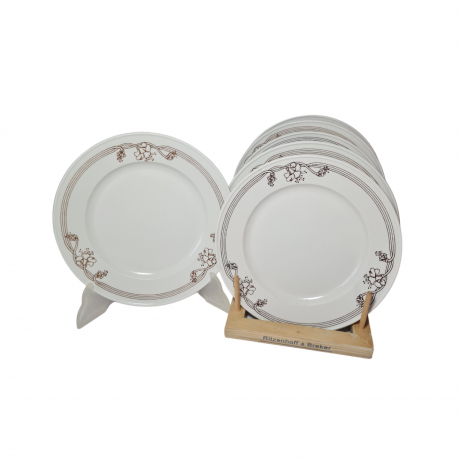 Набор тарелок винтажных Sarreguemines France, белый фарфор с коричневым цветочным декором, 6шт x 21 x 2,5 см, Франция, 1960-70гг.