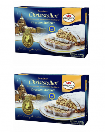 Dr. Quendt Dresdner Christstollen 2st Набор 2 Штоллена x 1 кг в подарочной упаковке, Немецкий рождественский кекс с изюмом и орехами