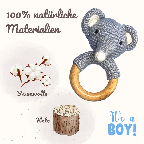 Angels Baby Gehakelte Babyrassel aus Baumwolle mit Beissring aus Holz in niedlichem Tiermotiv Вязаная крючком детская погремушка из хлопка с деревянным колечком для прорезывания зубов в милом зверином мотиве.