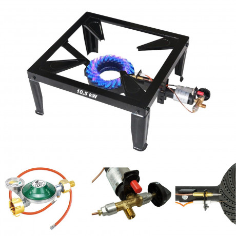 BlueCraft BlueCraft Gaskocher, (mit Piezozundung, Zundsicherung, inkl. Gasschlauch und Manometer-Gasregler), 10,5 kW 4 Fuss Hockerkocher Campingkocher Gasbrenner 4 Bein Газовая плита BlueCraft, (с пьезоподжигом, предохранителем зажигания, включая газовый