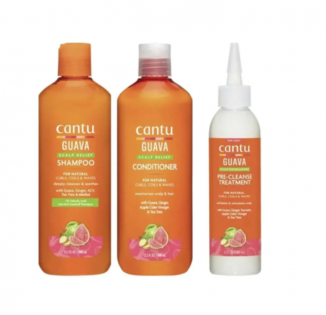 Cantu Guava & Ginger Scalp Relief SET: shampoo + conditioner+ peeling, Набор шампунь 400 мл + кондиционер 400 мл + пилинг 180 мл, против зуда и перхоти, уход за кожей головы