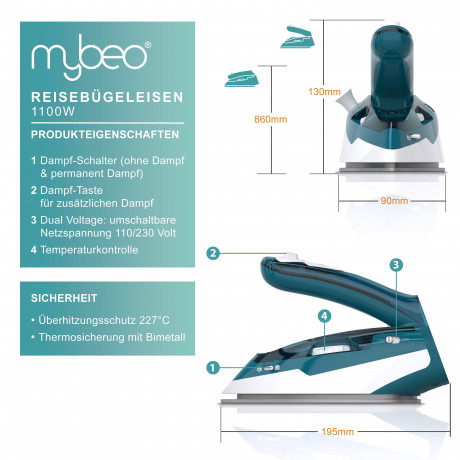 MyBeo MyBeo Reisebugeleisen, faltbares Bugeleisen 1100 W, mit Dampf, Edelstahl Gleitsohle Дорожный утюг MyBeo, складной утюг, 1100 Вт, с паром, скользящая подошва из нержавеющей стали