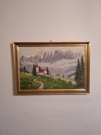 Картина винтажная "Горный пейзаж с домиком", 66 x 46,5 см, Германия, 1960-70гг.