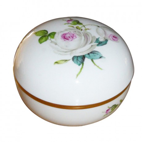 Meissen Meissen Neuer Ausschnitt - Rosenmalerei weisse Rose vielblattrig Dose h: 6 cm / d: 10 cm Мейсен новый раздел - роза картина белая роза многолистная коробка h: 6 см / d: 10 см