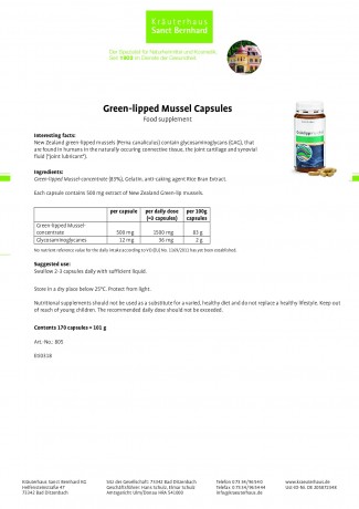 Krauterhaus Sanct Bernhardt Green-lipped Mussel Capsules Новозеландские зеленогубые мидии (ГАГ), 150 капсул
