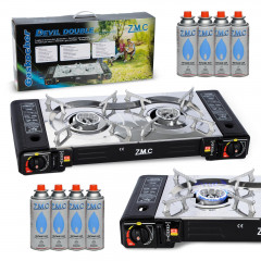 ZMC ZMC Gaskocher Doppel Kartuschenkocher Gaskocher 2 Flammig + 8x Gaskartuschen 227g, (MSF-1a automatische Piezo-Zundung (elektrisch) Herd Butangas), Outdoor Gas Campingkocher 2Fach Gasherd Ofen Butan Kochfeld Gas Kocher  Газовая плита ZMC с двойным карт