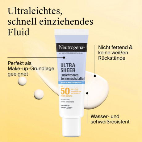 Neutrogena Ultra Sheer Feuchtigkeitsspendendes Sonnenschutzfluid LSF 50, 50 ml, Neutrogena Ultra Sheer Увлажняющий невидимый солнцезащитный флюид для лица SPF 50, 50 мл