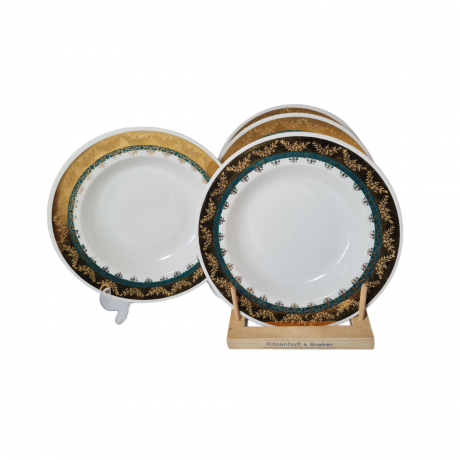 H&C Czechoslovakia Набор тарелок, белый фарфор с зелено-золотым ободком, 4 шт х 23 x 3,5 см, Чехословакия, 1960-70гг.