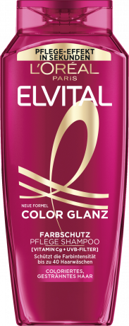 L'Oreal Paris Elvital Color Glanz Pflege Farbschutz Shampoo, 400 ml, Шампунь с витамином Cg и UVB-фильтром для окрашенных волос, защита блеска цвета, 400 мл