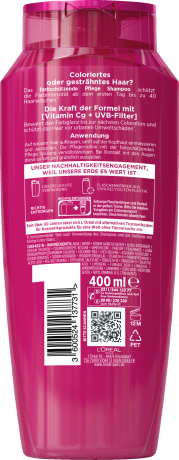 L'Oreal Paris Elvital Color Glanz Pflege Farbschutz Shampoo, 400 ml, Шампунь с витамином Cg и UVB-фильтром для окрашенных волос, защита блеска цвета, 400 мл