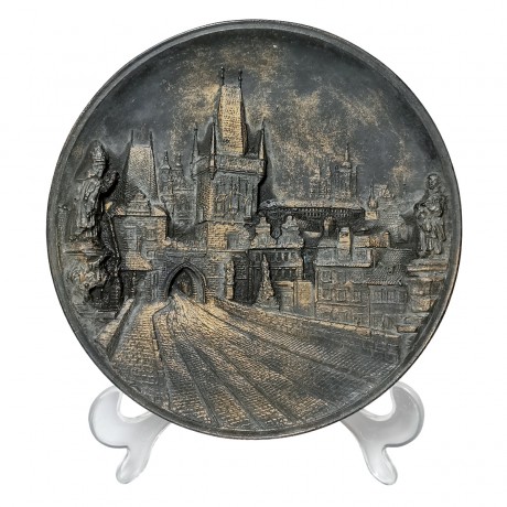 Prague Charles Bridge, Декоративное рельефное панно "Ночная Прага в золоте" с трехмерным изображением Карлова моста, дерево, 20см, Чехия 1950г.