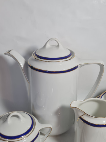 Сервиз чайный винтажный Eamag Alt Schonwald на 4 персоны, с синей и золотой полосой, фарфор, Германия, 1960-70гг.