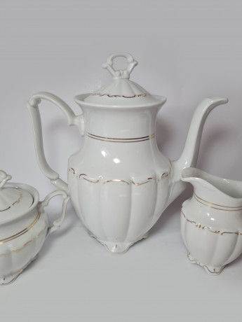 Walbrzych Poland Белый фарфоровый чайный набор с позолотой: чайник, сахарница, молочник, Польша, 1960-70гг.