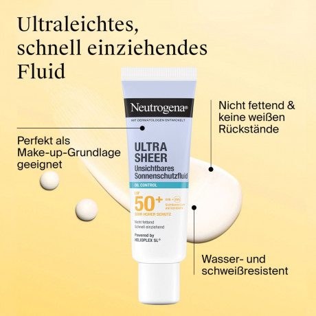 Neutrogena Ultra Sheer Unsichtbares Oil Control Sonnenschutzfluid LSF 50+, 50 ml, Neutrogena Ultra Sheer Oil Control Невидимый солнцезащитный флюид для лица SPF 50+ с матирующим эффектом, 50 мл