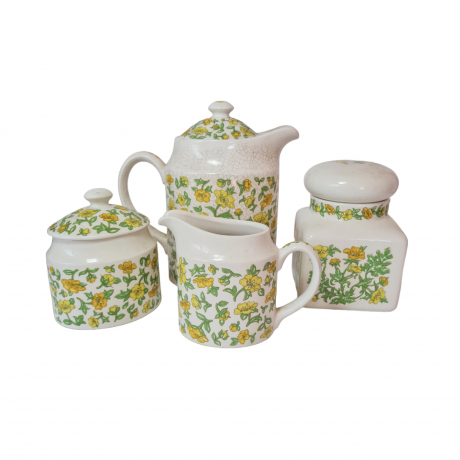 Набор посуды винтажный Taunton Valb England: чайник, молочник, сахарница, банка с крышкой "Желтые цветы", фарфор, Англия, 1960-70гг.
