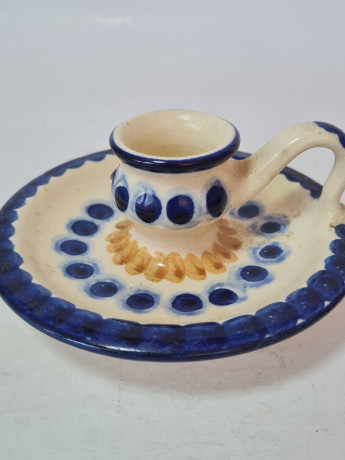 Подсвечник винтажный K L, керамика с ручной росписью в бело-сине-желтых тонах, 6 x 12 см, Германия, 1960-70гг.