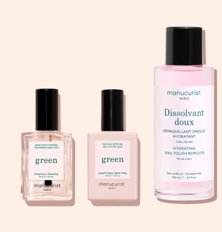 Manucurist Green SET: Base Coat + Top Coat  + Green Nail Polish Removing Oil 100ml, Набор  для маникюра (Франция), база Base Coat + топ Top Coat + масло для снятия лака Green Nail Polish Removing Oil 100 мл, без ацетона