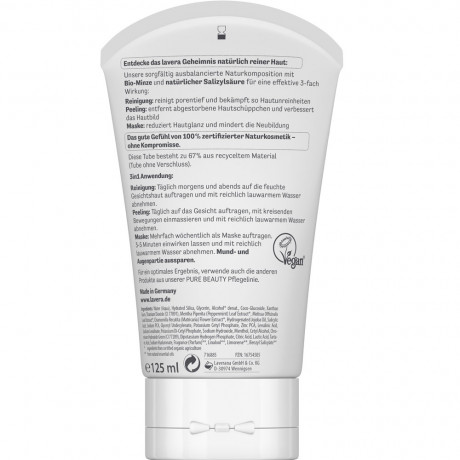 LAVERA PURE BEAUTY 3in1 Reinigung Peeling Maske, 125 ml, Лавера Средство 3 в 1 для очищения, пилинга и маски для кожи с несовершенствами и жирным блеском, салициловая кислота и био-мята, 125 мл