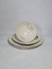 Чайное трио винтажное PMR Jaeger&amp;Co Bavaria с нежными абстрактными цветами, ребристая фактура тарелок, фарфор, Германия, 1960-70гг.