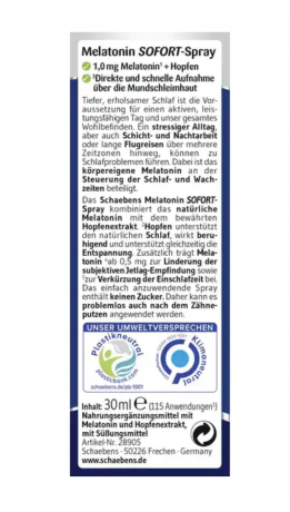 Schaebens Melatonin SOFORT-Spray 30 ml, Спрей с мелатонином и витамином B6 для засыпания, 30 мл
