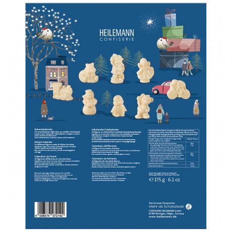 Heilemann Confiserie Kinder Adventskalender 2026 White Chocolate, Детский адвент-календарь 2026 Heilemann с 24 фигурками из белого шоколада, 175 г
