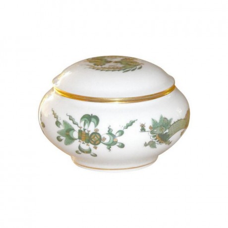 Meissen Meissen 'Neuer Ausschnitt - Reicher Drache grun goldschattiert mit Goldrand' Dose h: 5,5 cm / d: 8 cm Мейсен "New Cutout - Rich Dragon зелено-золотой оттенок с золотым ободком" шкатулка В: 5,5 см / Г: 8 см