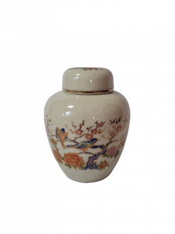 Винтажная фарфоровая ваза с крышкой в японском стиле, расписанная вручную "Птицы в японском саду", 13см х 11см, Япония, 1950-60гг.