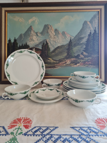 Furstenberg Винтажный чайный сервиз на 4 персоны с зеленым цветочным рисунком, Германия, 1960-70гг.